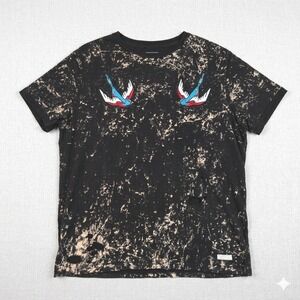 G by GUESS Graphic Tee Mens L Acid Wash Distressed Tattoo Birds Y2K Grunge